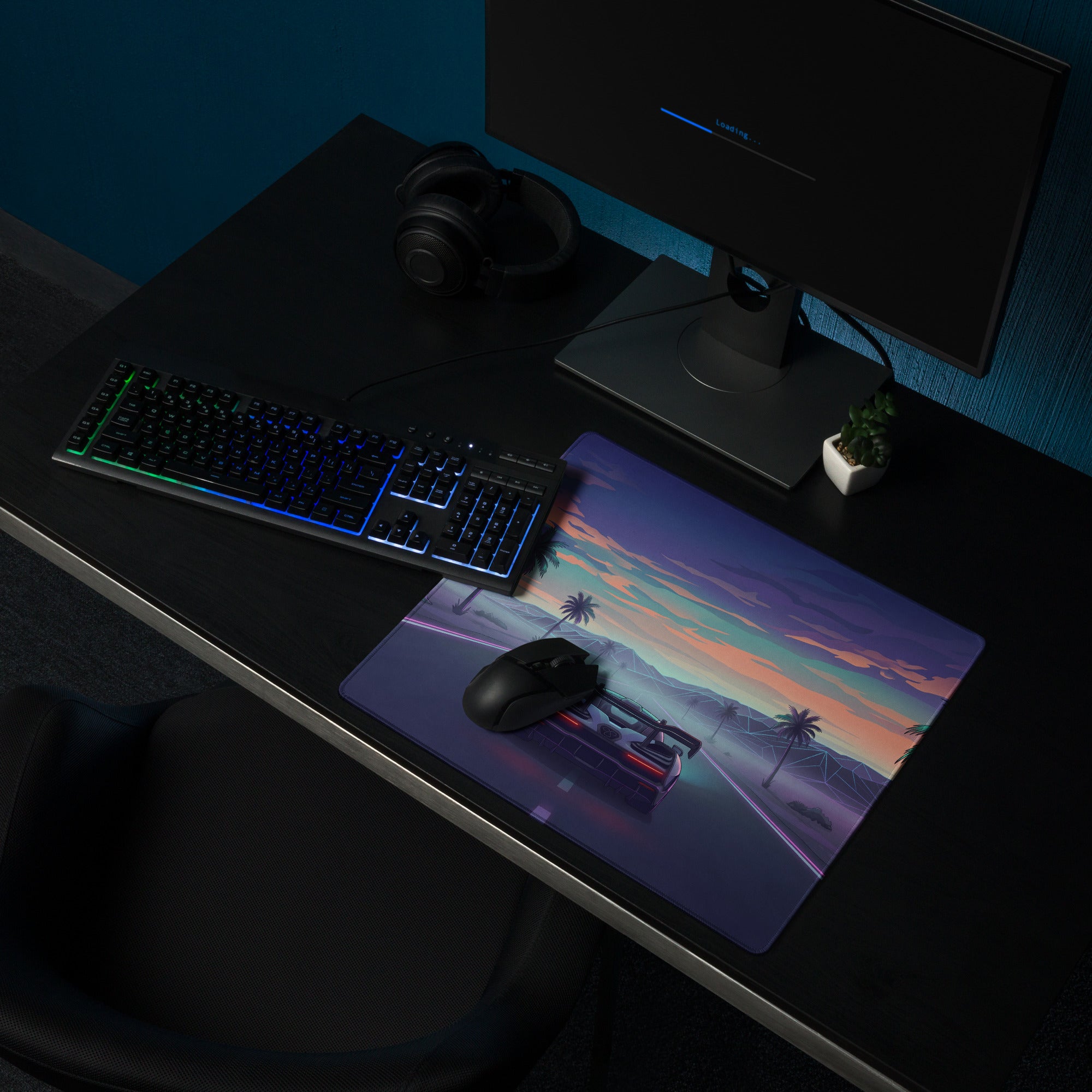 McLaren Senna Inspired Silver Purple Vaporwave Gaming Mouse Pad – Neon Palm Tree Highway Desk Mat with Dreamy Retro Futuristic Sunset Art