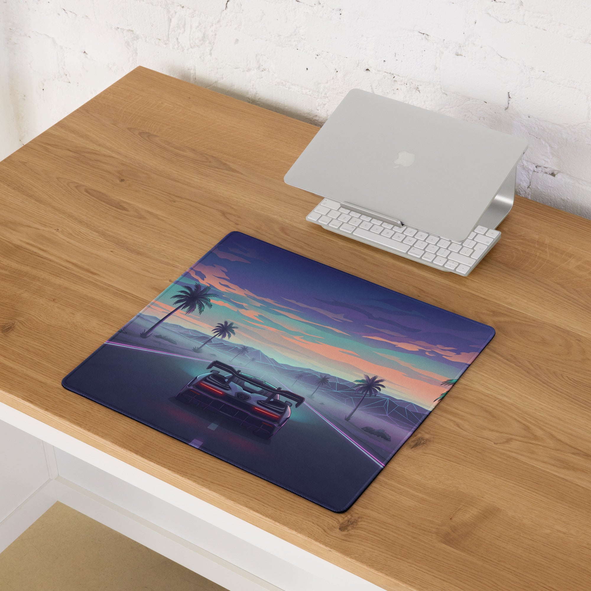 McLaren Senna Inspired Silver Purple Vaporwave Gaming Mouse Pad – Neon Palm Tree Highway Desk Mat with Dreamy Retro Futuristic Sunset Art