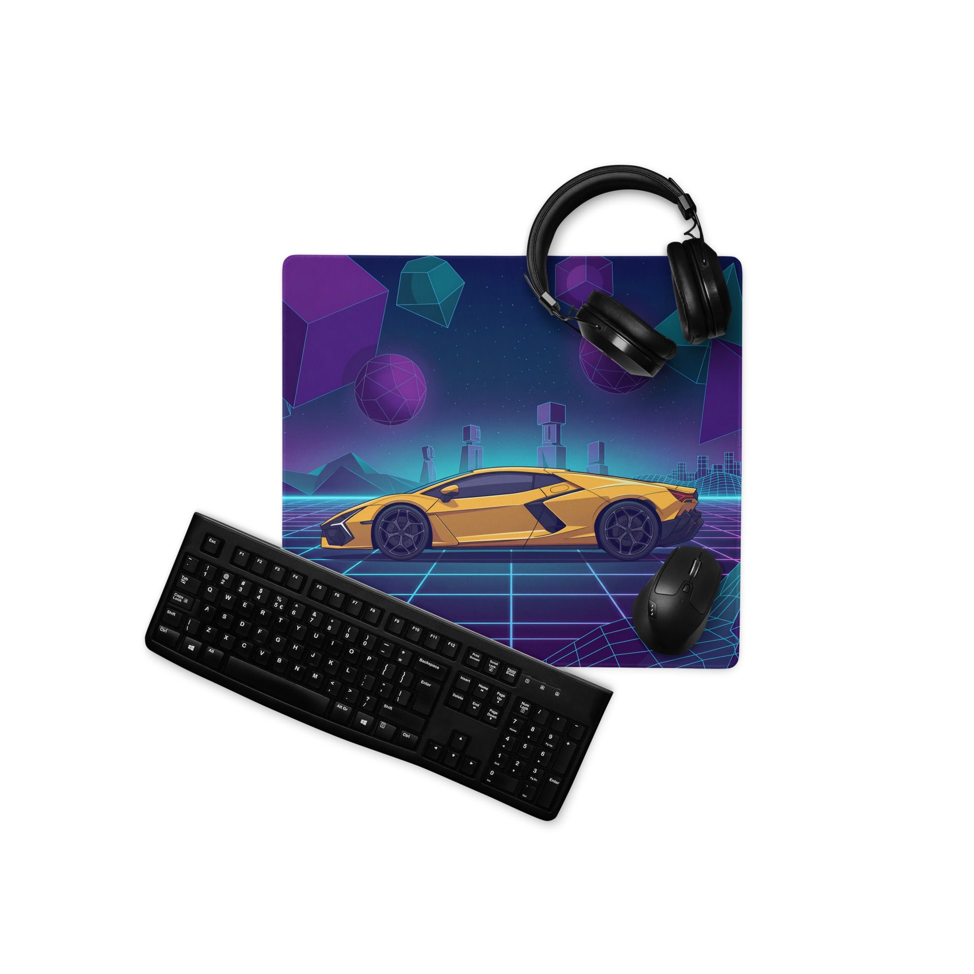 Lamborghini Revuelto Inspired Yellow Purple Vaporwave Gaming Mouse Pad – Neon Geometric Grid Desk Mat with Retro Futuristic Synthwave Space Art