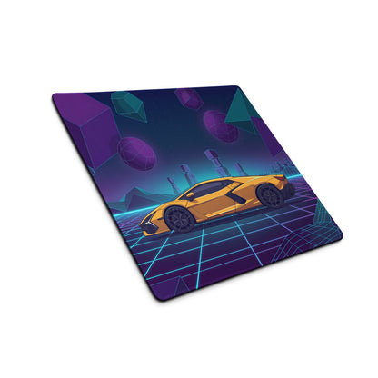 Lamborghini Revuelto Inspired Yellow Purple Vaporwave Gaming Mouse Pad – Neon Geometric Grid Desk Mat with Retro Futuristic Synthwave Space Art