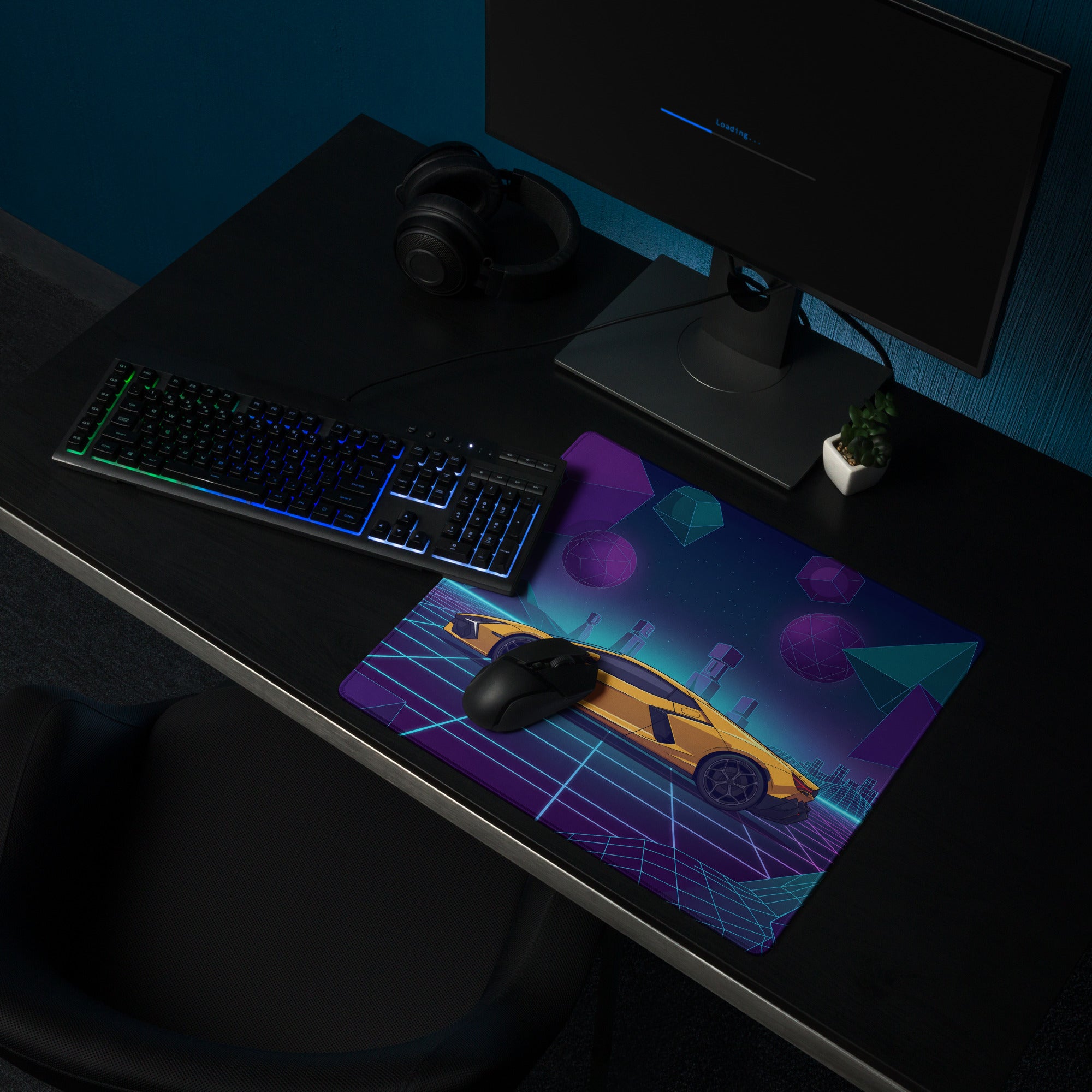 Lamborghini Revuelto Inspired Yellow Purple Vaporwave Gaming Mouse Pad – Neon Geometric Grid Desk Mat with Retro Futuristic Synthwave Space Art