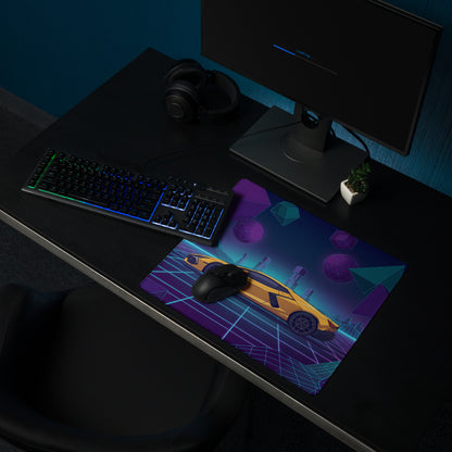 Lamborghini Revuelto Inspired Yellow Purple Vaporwave Gaming Mouse Pad – Neon Geometric Grid Desk Mat with Retro Futuristic Synthwave Space Art