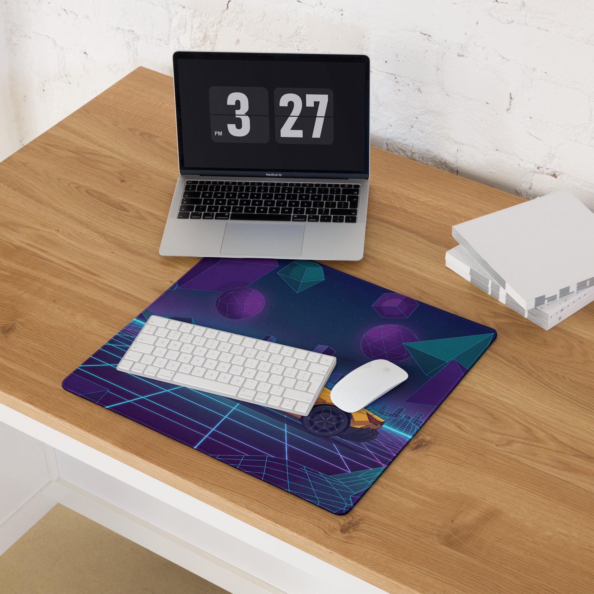 Lamborghini Revuelto Inspired Yellow Purple Vaporwave Gaming Mouse Pad – Neon Geometric Grid Desk Mat with Retro Futuristic Synthwave Space Art