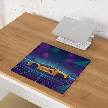 Lamborghini Revuelto Inspired Yellow Purple Vaporwave Gaming Mouse Pad – Neon Geometric Grid Desk Mat with Retro Futuristic Synthwave Space Art