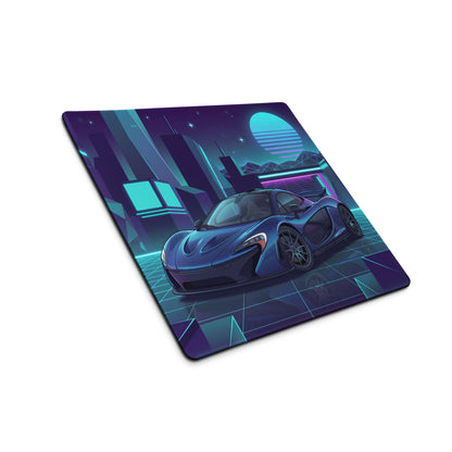 McLaren P1 Inspired Blue Cyan Vaporwave Gaming Mouse Pad – Neon Futuristic City Grid Desk Mat with Retro Synthwave Cyberpunk Artwork