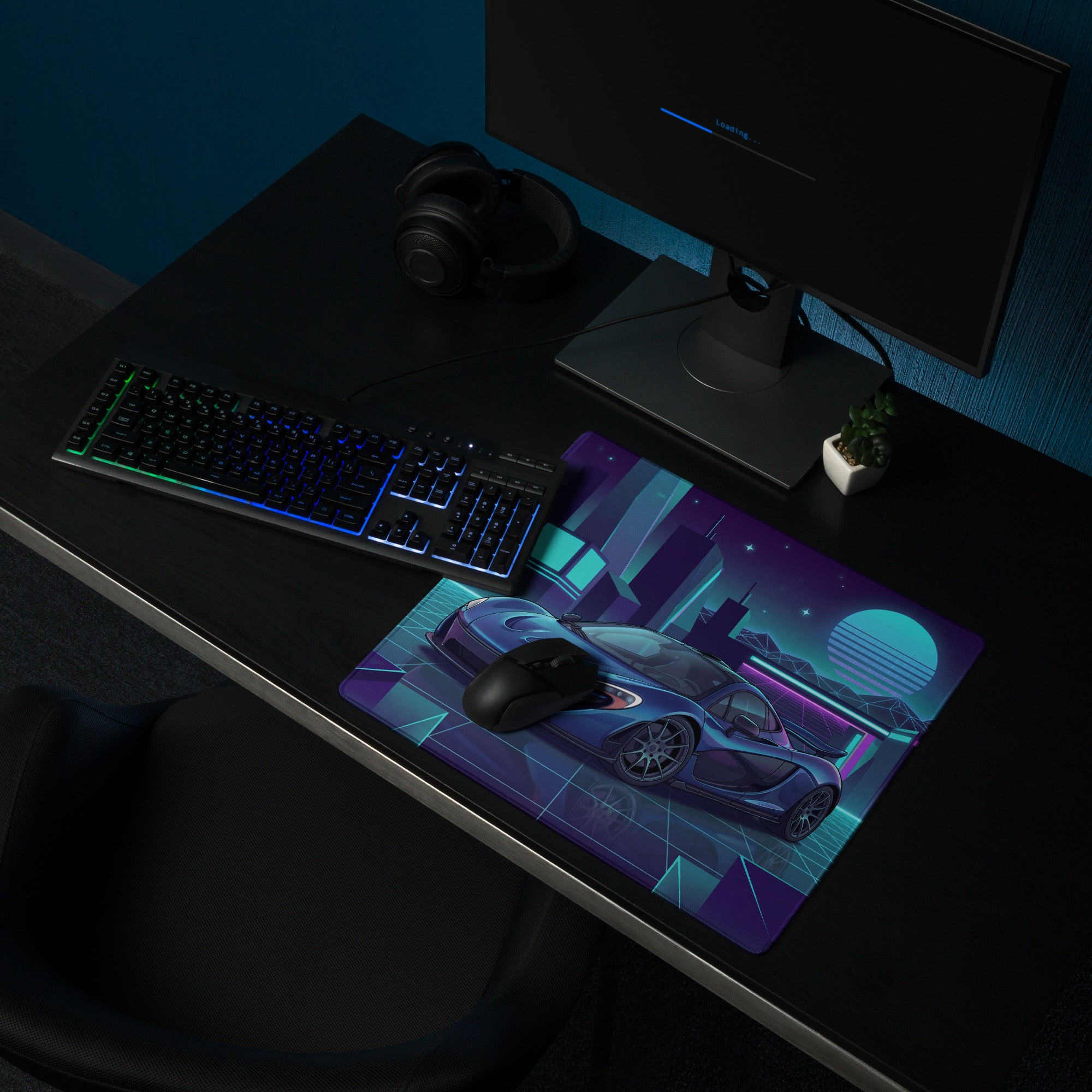 McLaren P1 Inspired Blue Cyan Vaporwave Gaming Mouse Pad – Neon Futuristic City Grid Desk Mat with Retro Synthwave Cyberpunk Artwork
