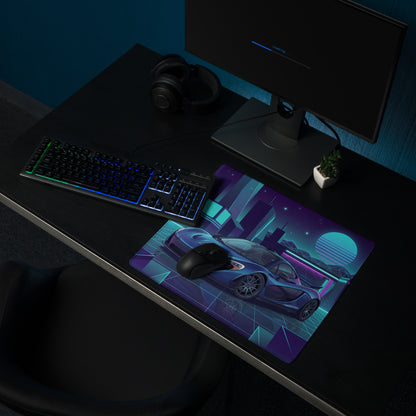 McLaren P1 Inspired Blue Cyan Vaporwave Gaming Mouse Pad – Neon Futuristic City Grid Desk Mat with Retro Synthwave Cyberpunk Artwork
