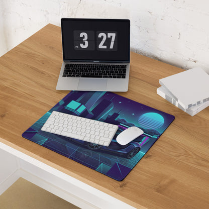 McLaren P1 Inspired Blue Cyan Vaporwave Gaming Mouse Pad – Neon Futuristic City Grid Desk Mat with Retro Synthwave Cyberpunk Artwork