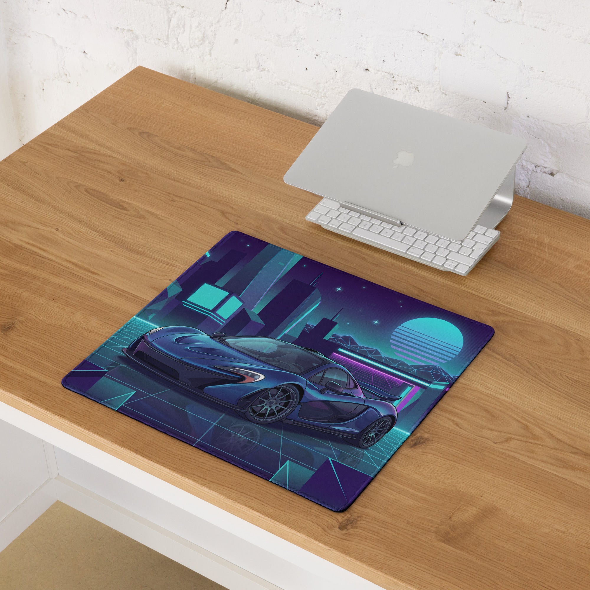 McLaren P1 Inspired Blue Cyan Vaporwave Gaming Mouse Pad – Neon Futuristic City Grid Desk Mat with Retro Synthwave Cyberpunk Artwork