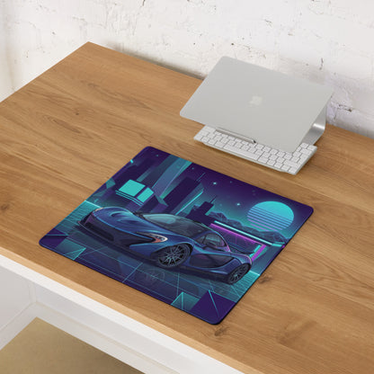 McLaren P1 Inspired Blue Cyan Vaporwave Gaming Mouse Pad – Neon Futuristic City Grid Desk Mat with Retro Synthwave Cyberpunk Artwork