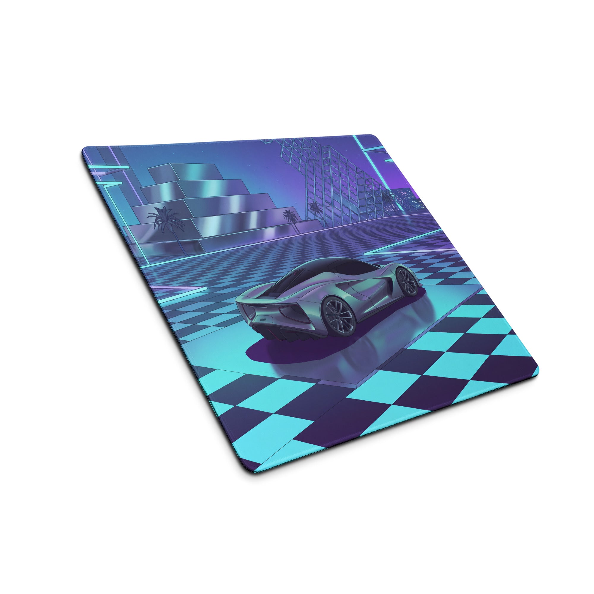 Lotus Evija Inspired Silver Cyan Vaporwave Gaming Mouse Pad – Neon Futuristic City Plaza Desk Mat with Retro Synthwave Checkerboard Art