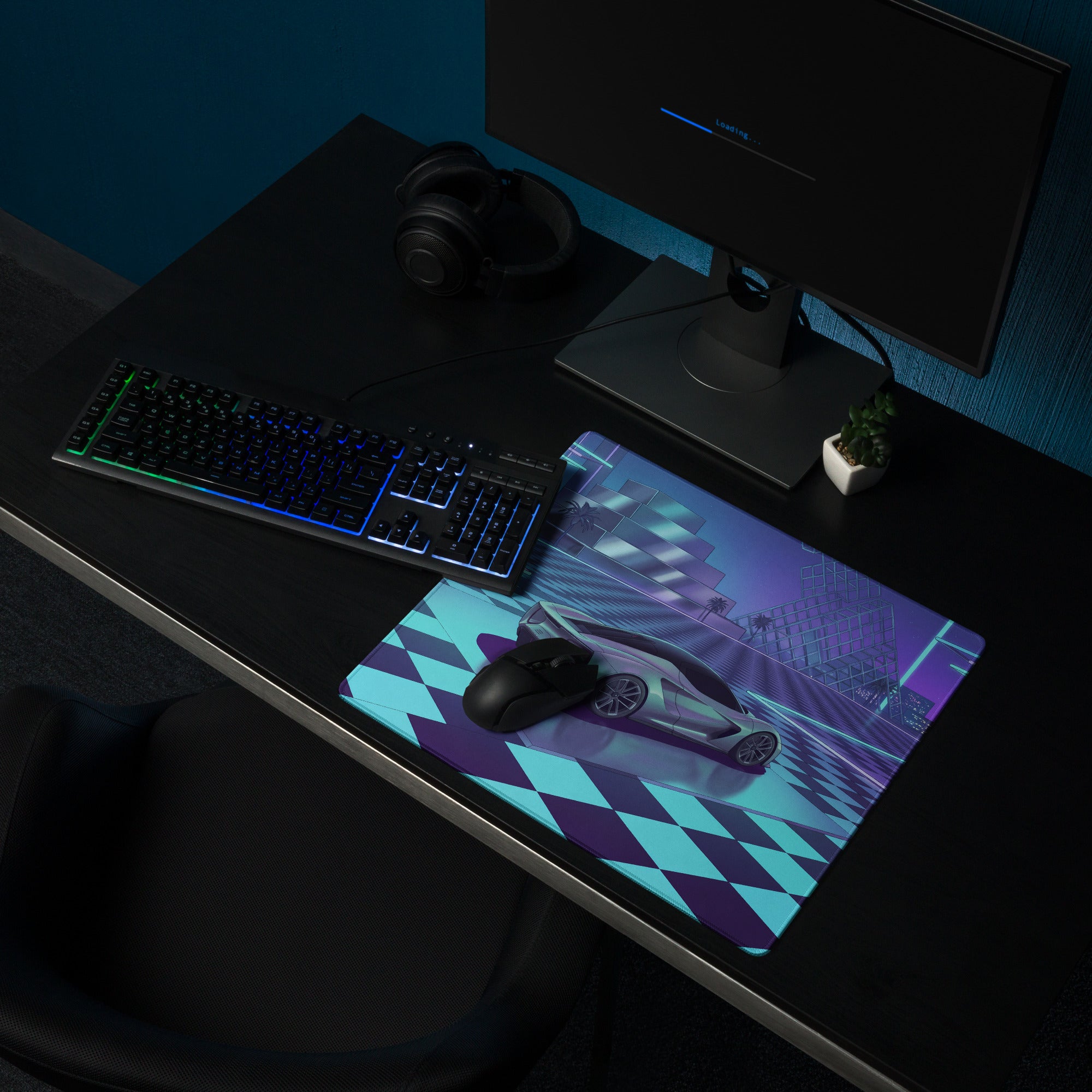 Lotus Evija Inspired Silver Cyan Vaporwave Gaming Mouse Pad – Neon Futuristic City Plaza Desk Mat with Retro Synthwave Checkerboard Art