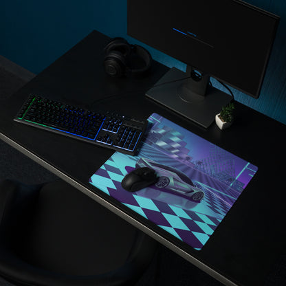 Lotus Evija Inspired Silver Cyan Vaporwave Gaming Mouse Pad – Neon Futuristic City Plaza Desk Mat with Retro Synthwave Checkerboard Art