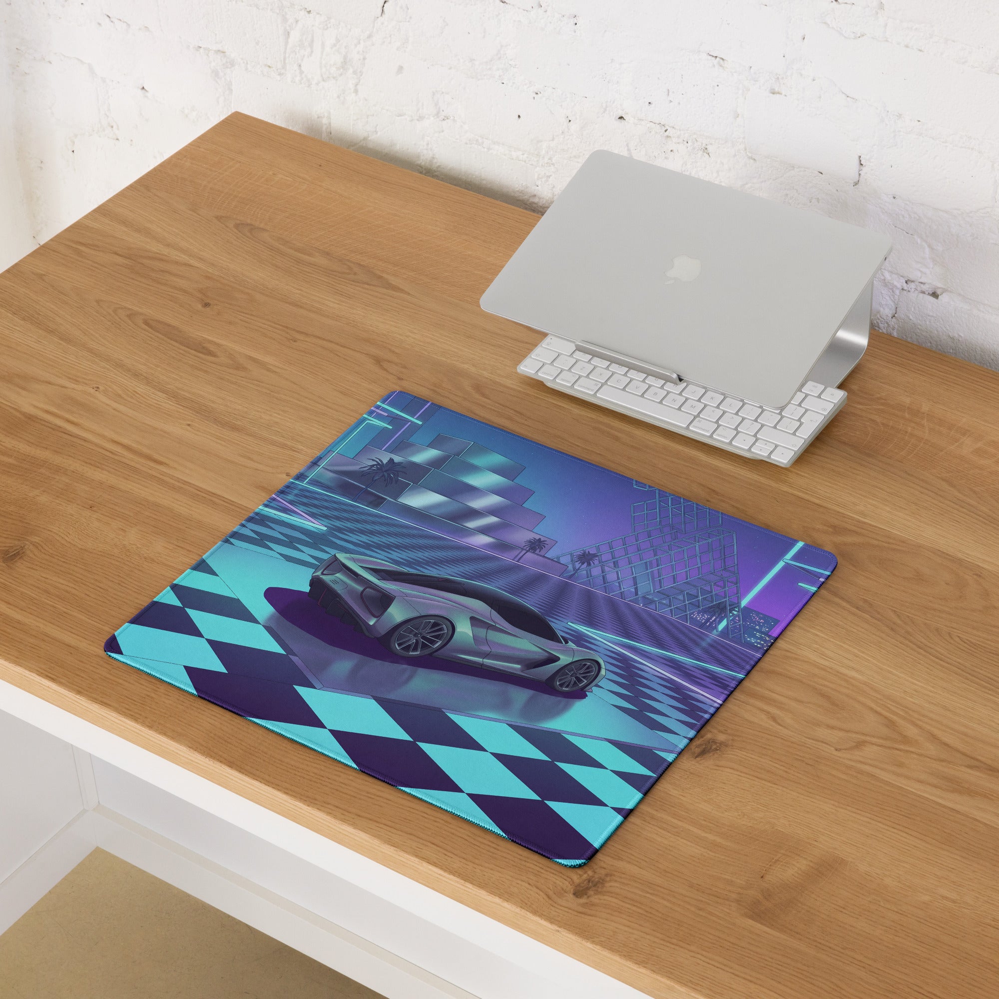 Lotus Evija Inspired Silver Cyan Vaporwave Gaming Mouse Pad – Neon Futuristic City Plaza Desk Mat with Retro Synthwave Checkerboard Art