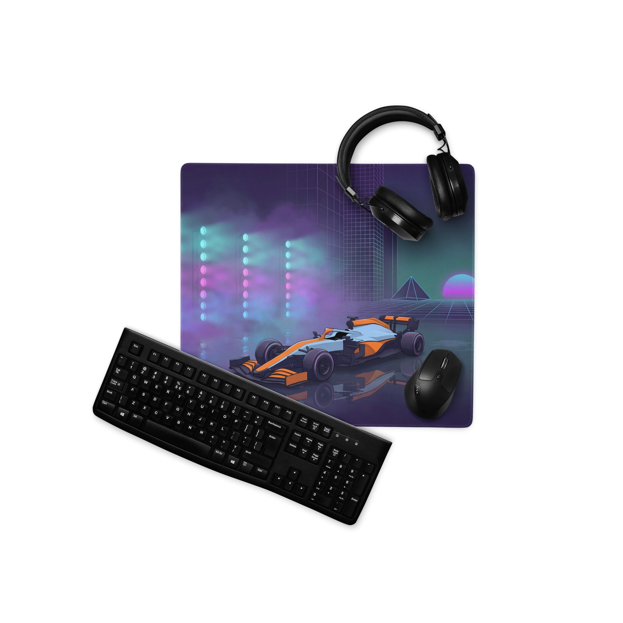 McLaren Formula 1 Car Inspired Orange Blue Vaporwave Gaming Mouse Pad – Neon City Racing Desk Mat with Retro Futuristic Synthwave Motorsport Art