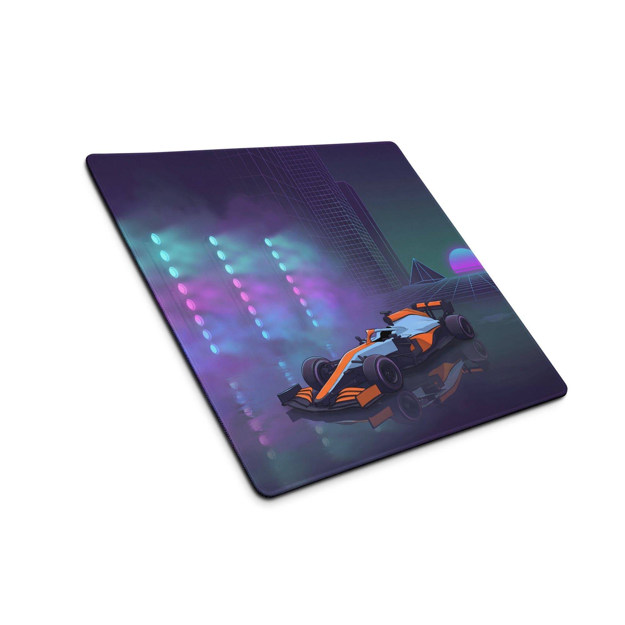 McLaren Formula 1 Car Inspired Orange Blue Vaporwave Gaming Mouse Pad – Neon City Racing Desk Mat with Retro Futuristic Synthwave Motorsport Art