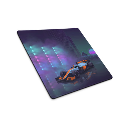 McLaren Formula 1 Car Inspired Orange Blue Vaporwave Gaming Mouse Pad – Neon City Racing Desk Mat with Retro Futuristic Synthwave Motorsport Art