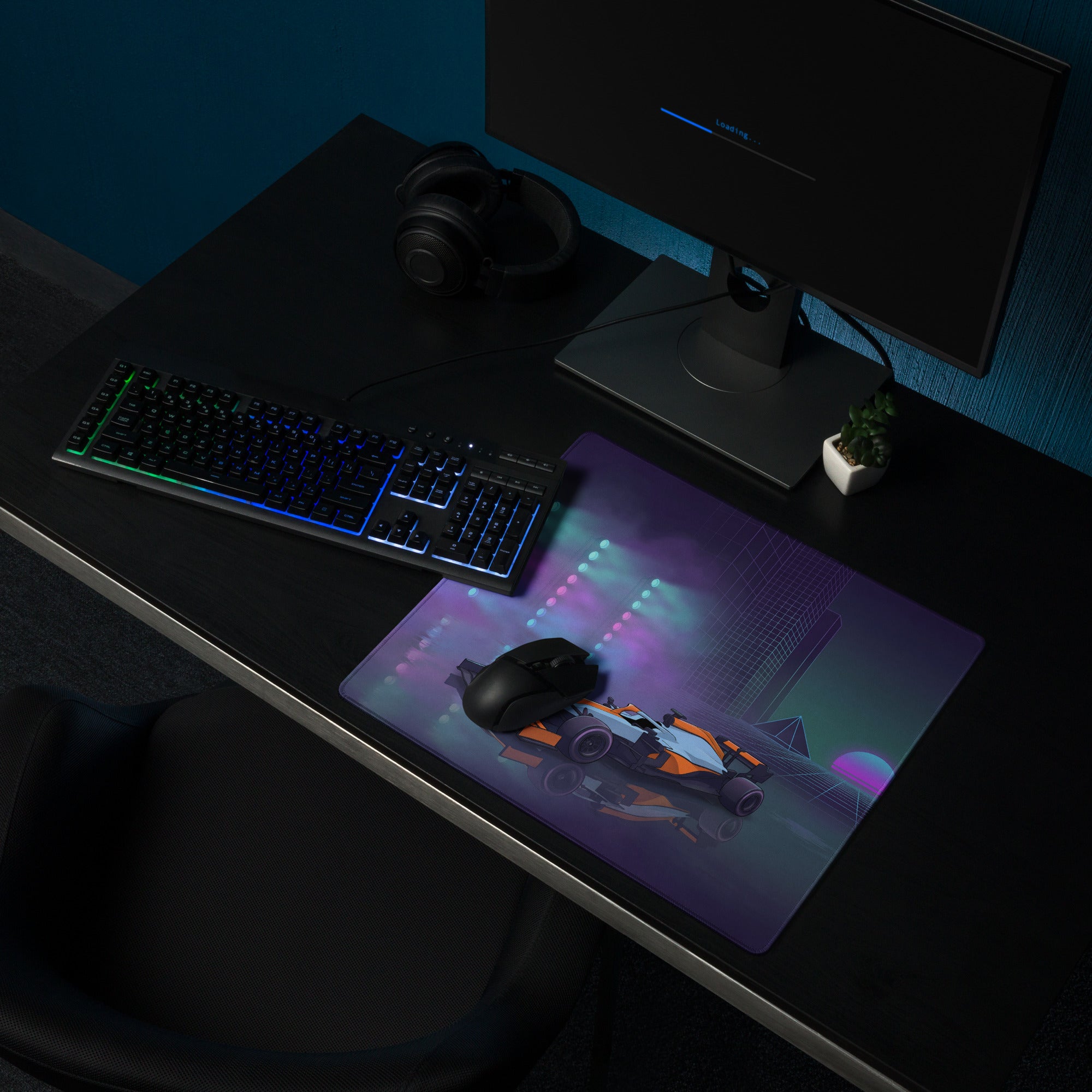McLaren Formula 1 Car Inspired Orange Blue Vaporwave Gaming Mouse Pad – Neon City Racing Desk Mat with Retro Futuristic Synthwave Motorsport Art