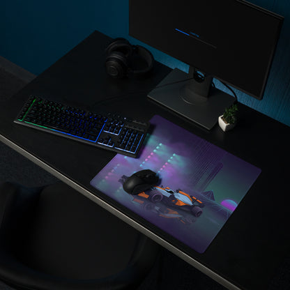 McLaren Formula 1 Car Inspired Orange Blue Vaporwave Gaming Mouse Pad – Neon City Racing Desk Mat with Retro Futuristic Synthwave Motorsport Art