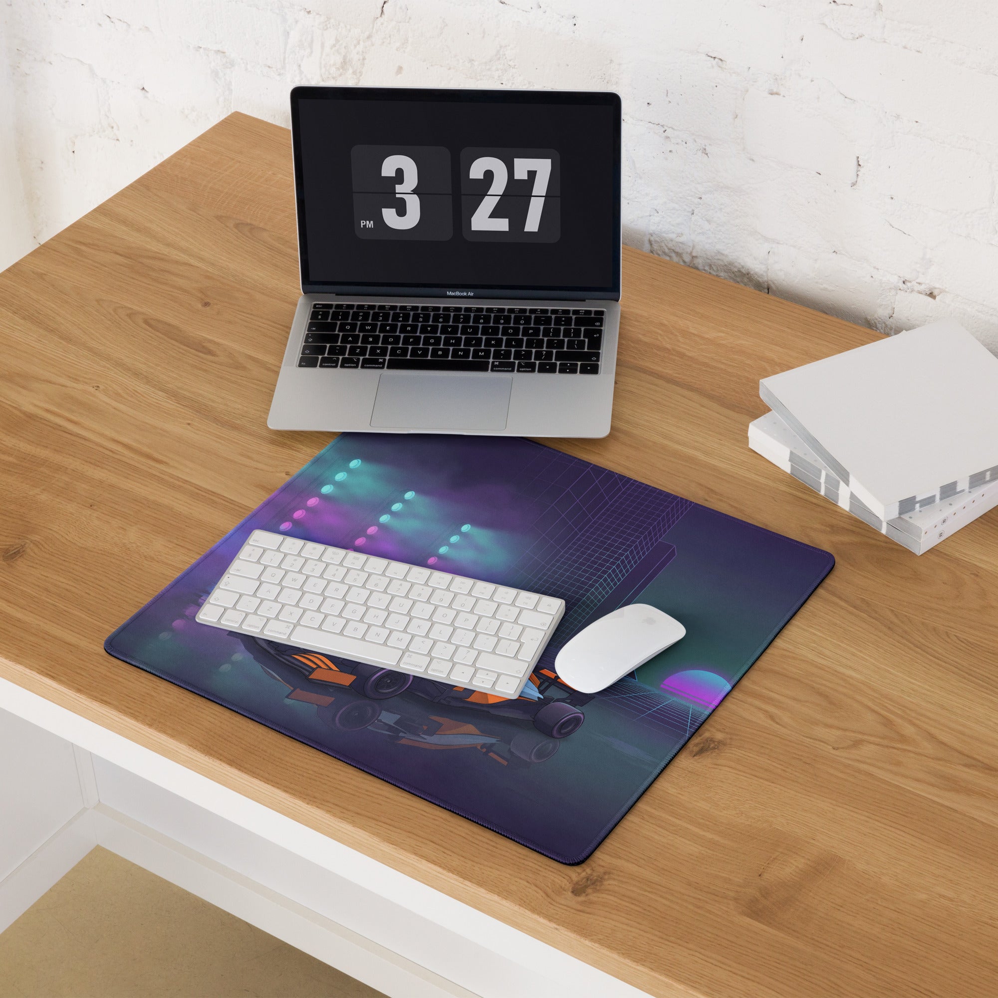 McLaren Formula 1 Car Inspired Orange Blue Vaporwave Gaming Mouse Pad – Neon City Racing Desk Mat with Retro Futuristic Synthwave Motorsport Art