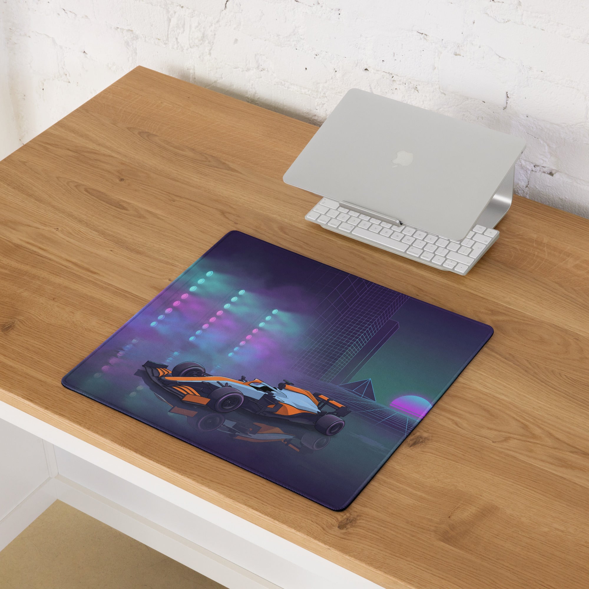 McLaren Formula 1 Car Inspired Orange Blue Vaporwave Gaming Mouse Pad – Neon City Racing Desk Mat with Retro Futuristic Synthwave Motorsport Art