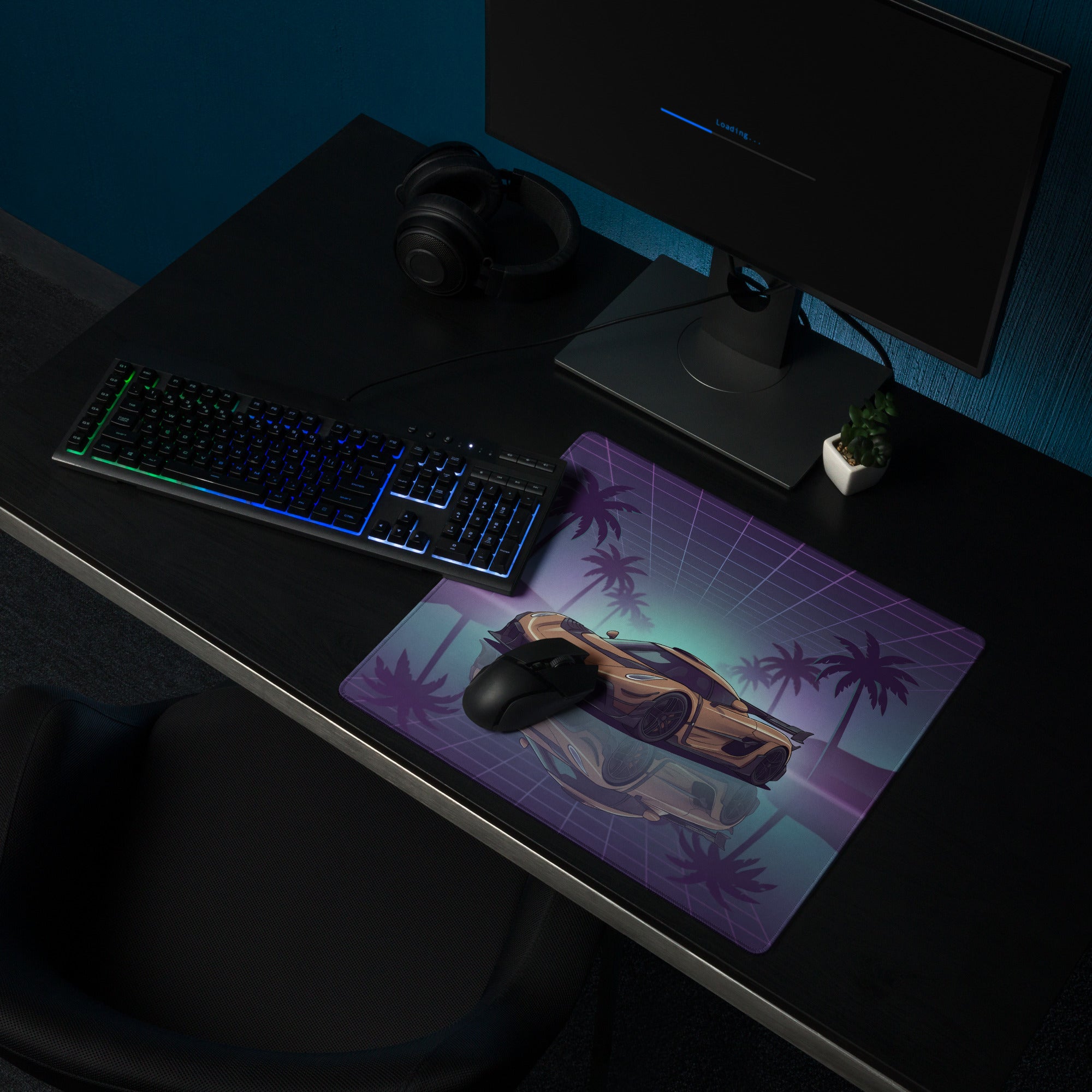 Koenigsegg Jesko Inspired Gold Purple Vaporwave Gaming Mouse Pad – Neon Palm Tree Supercar Desk Mat with Retro Futuristic Synthwave Art