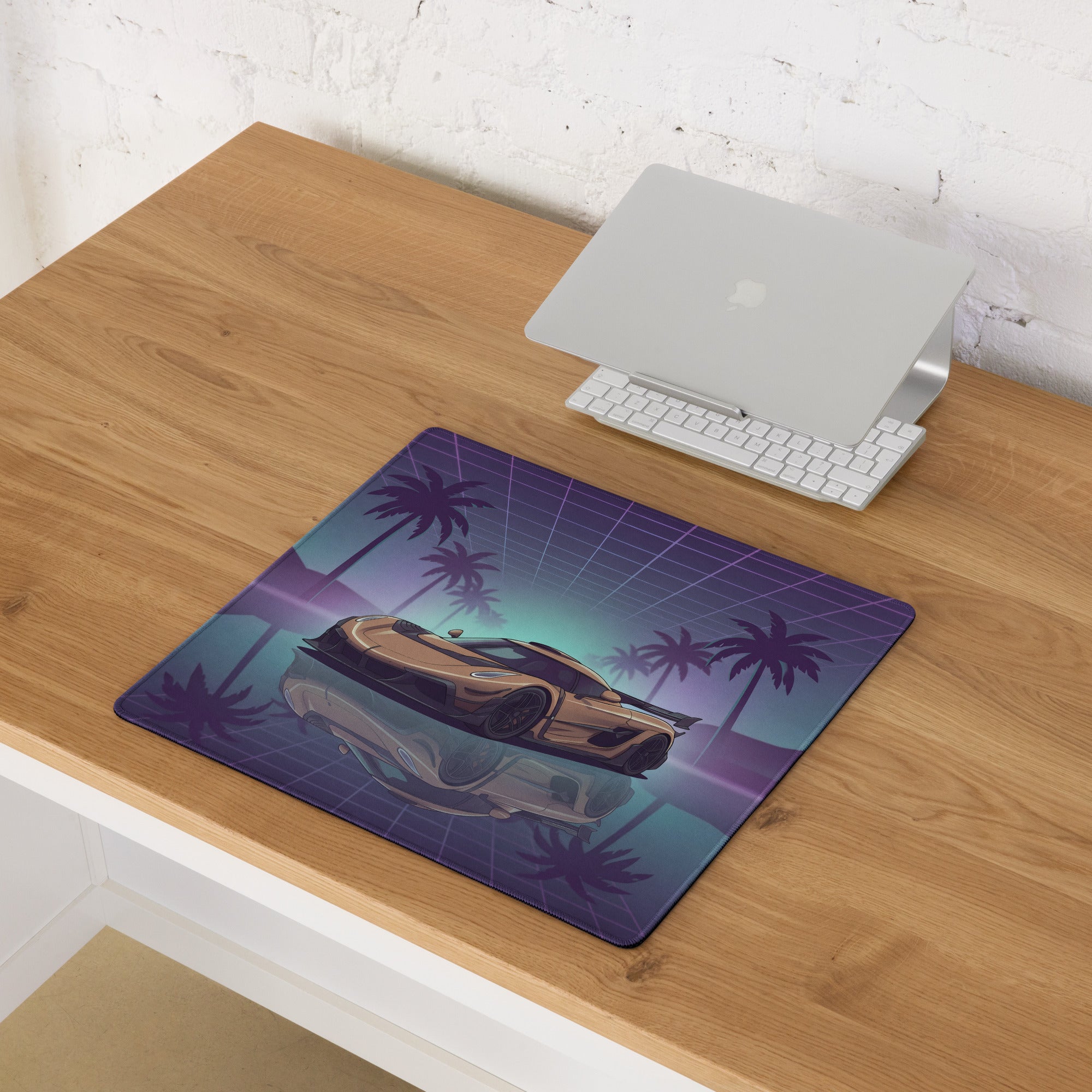 Koenigsegg Jesko Inspired Gold Purple Vaporwave Gaming Mouse Pad – Neon Palm Tree Supercar Desk Mat with Retro Futuristic Synthwave Art