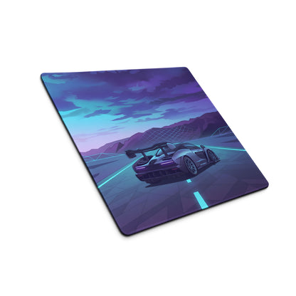 McLaren Senna Inspired Silver Blue Vaporwave Gaming Mouse Pad – Neon Mountain Highway Desk Mat with Retro Futuristic Motorsport Art