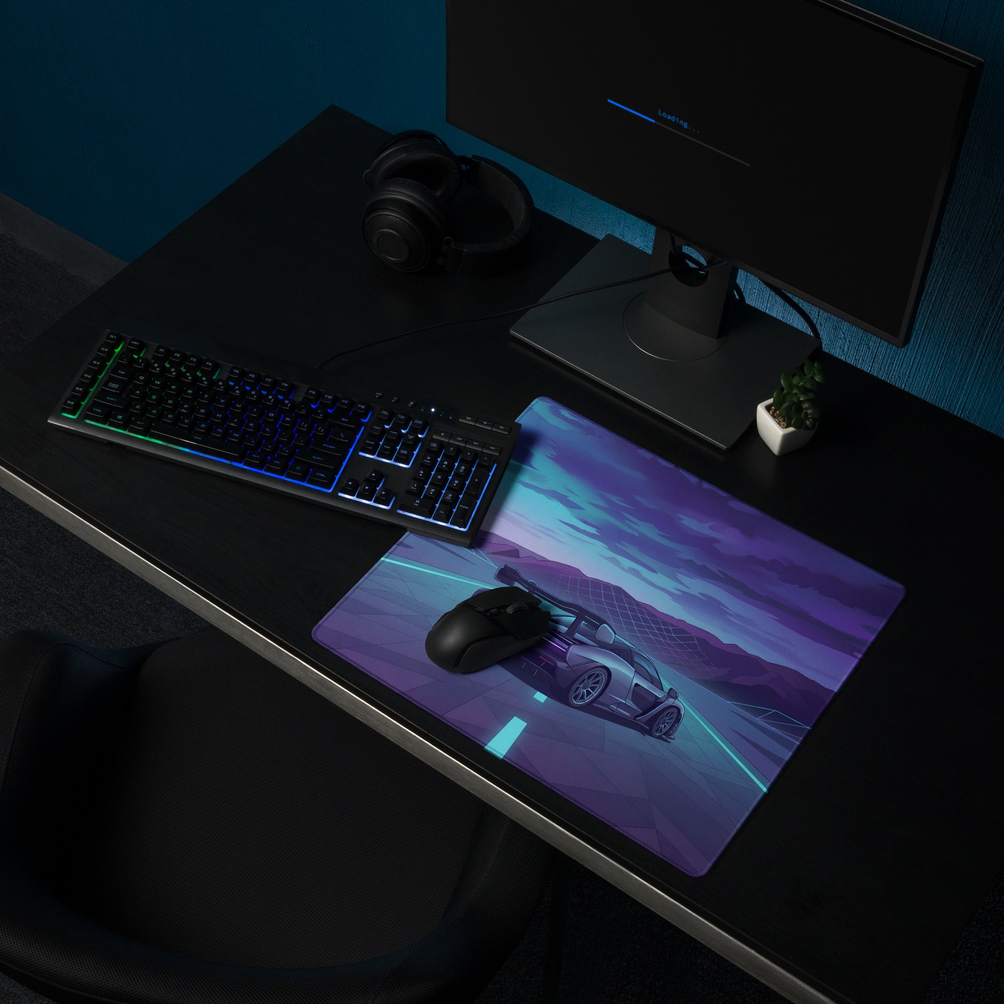 McLaren Senna Inspired Silver Blue Vaporwave Gaming Mouse Pad – Neon Mountain Highway Desk Mat with Retro Futuristic Motorsport Art