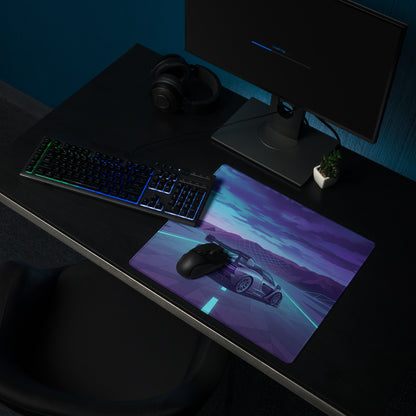 McLaren Senna Inspired Silver Blue Vaporwave Gaming Mouse Pad – Neon Mountain Highway Desk Mat with Retro Futuristic Motorsport Art