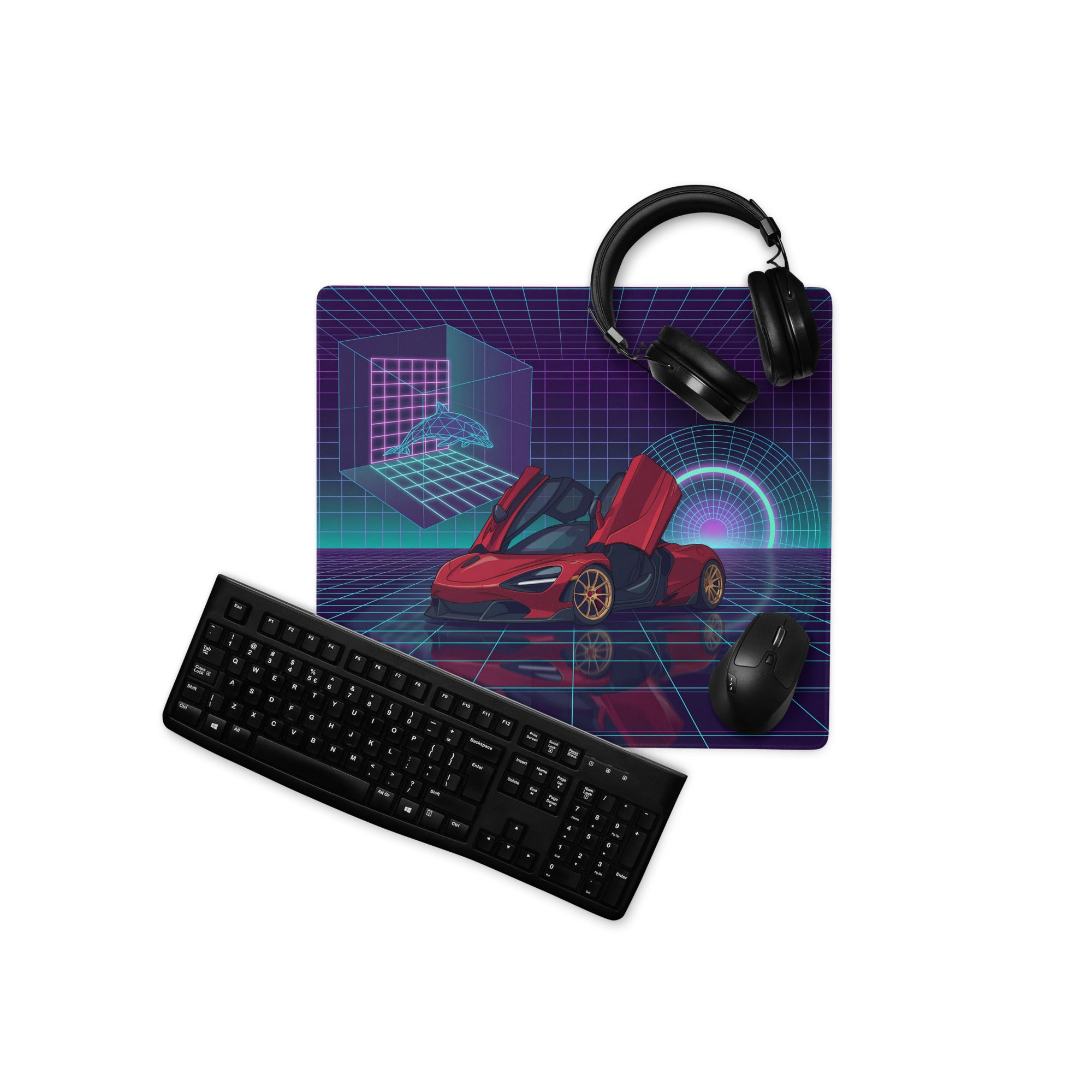McLaren 765LT Spider Inspired Red Cyan Vaporwave Gaming Mouse Pad – Neon Grid Supercar Desk Mat with Retro Futuristic Synthwave Arcade Art