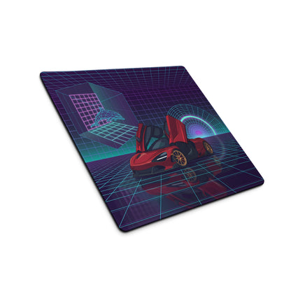 McLaren 765LT Spider Inspired Red Cyan Vaporwave Gaming Mouse Pad – Neon Grid Supercar Desk Mat with Retro Futuristic Synthwave Arcade Art