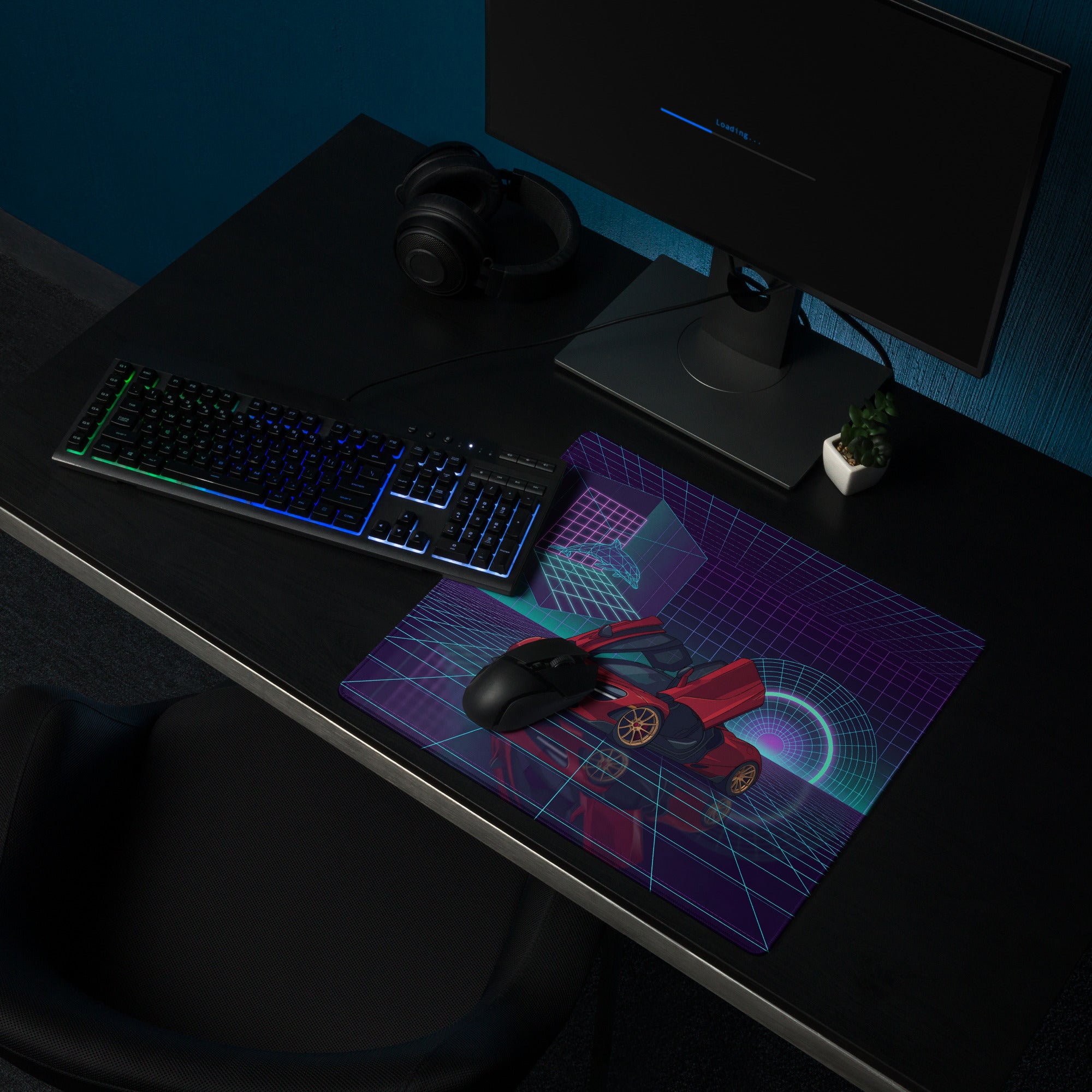 McLaren 765LT Spider Inspired Red Cyan Vaporwave Gaming Mouse Pad – Neon Grid Supercar Desk Mat with Retro Futuristic Synthwave Arcade Art