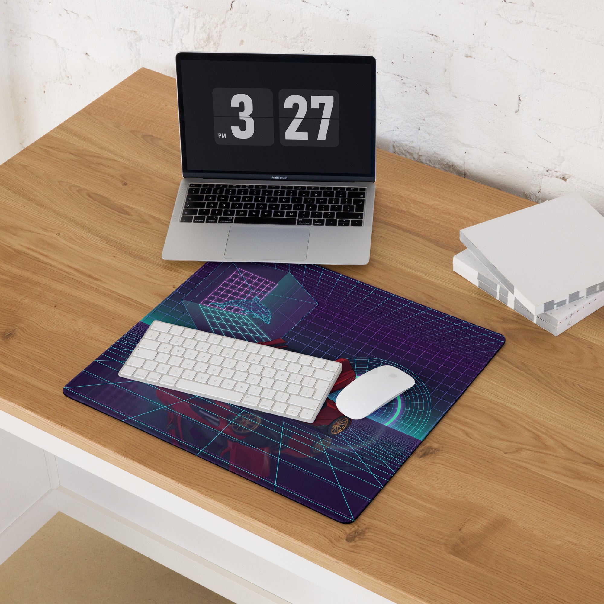 McLaren 765LT Spider Inspired Red Cyan Vaporwave Gaming Mouse Pad – Neon Grid Supercar Desk Mat with Retro Futuristic Synthwave Arcade Art