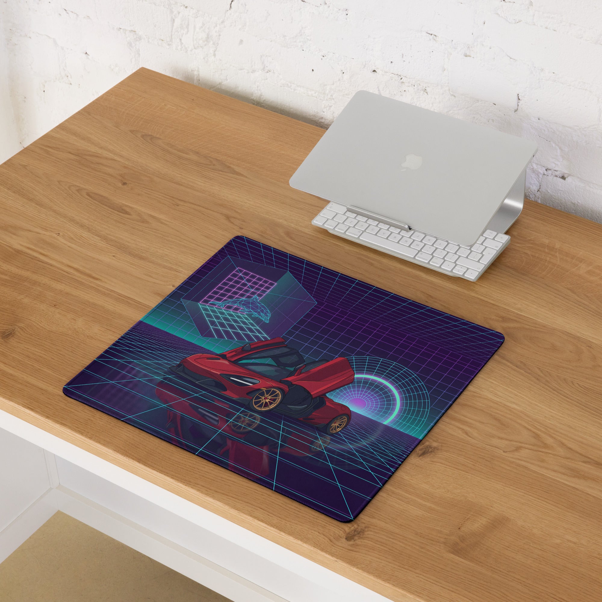McLaren 765LT Spider Inspired Red Cyan Vaporwave Gaming Mouse Pad – Neon Grid Supercar Desk Mat with Retro Futuristic Synthwave Arcade Art