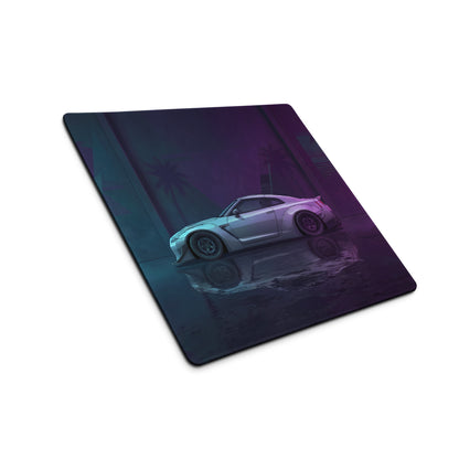 Nissan GT-R R35 Inspired Silver Purple Vaporwave Gaming Mouse Pad – Neon Cyan Magenta Garage Desk Mat with Wet Reflections and Retro Synthwave Art