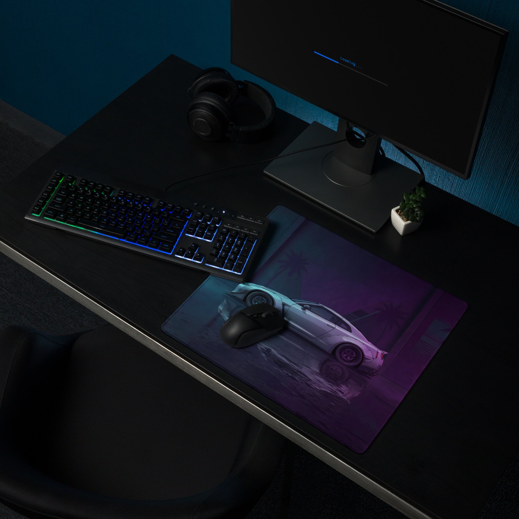 Nissan GT-R R35 Inspired Silver Purple Vaporwave Gaming Mouse Pad – Neon Cyan Magenta Garage Desk Mat with Wet Reflections and Retro Synthwave Art