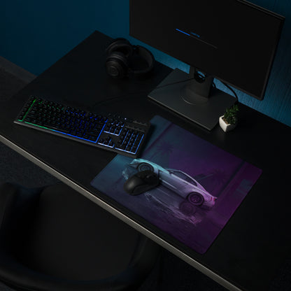 Nissan GT-R R35 Inspired Silver Purple Vaporwave Gaming Mouse Pad – Neon Cyan Magenta Garage Desk Mat with Wet Reflections and Retro Synthwave Art