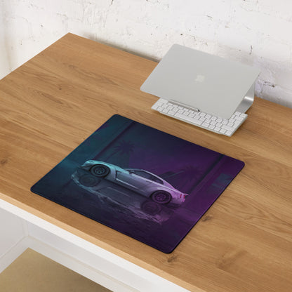 Nissan GT-R R35 Inspired Silver Purple Vaporwave Gaming Mouse Pad – Neon Cyan Magenta Garage Desk Mat with Wet Reflections and Retro Synthwave Art