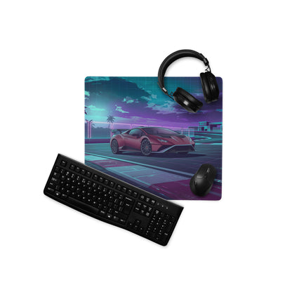 Lamborghini Huracán STO Inspired Red Purple Vaporwave Gaming Mouse Pad – Neon Futuristic Racetrack Desk Mat with Synthwave Palm Trees and Cyberpunk Art