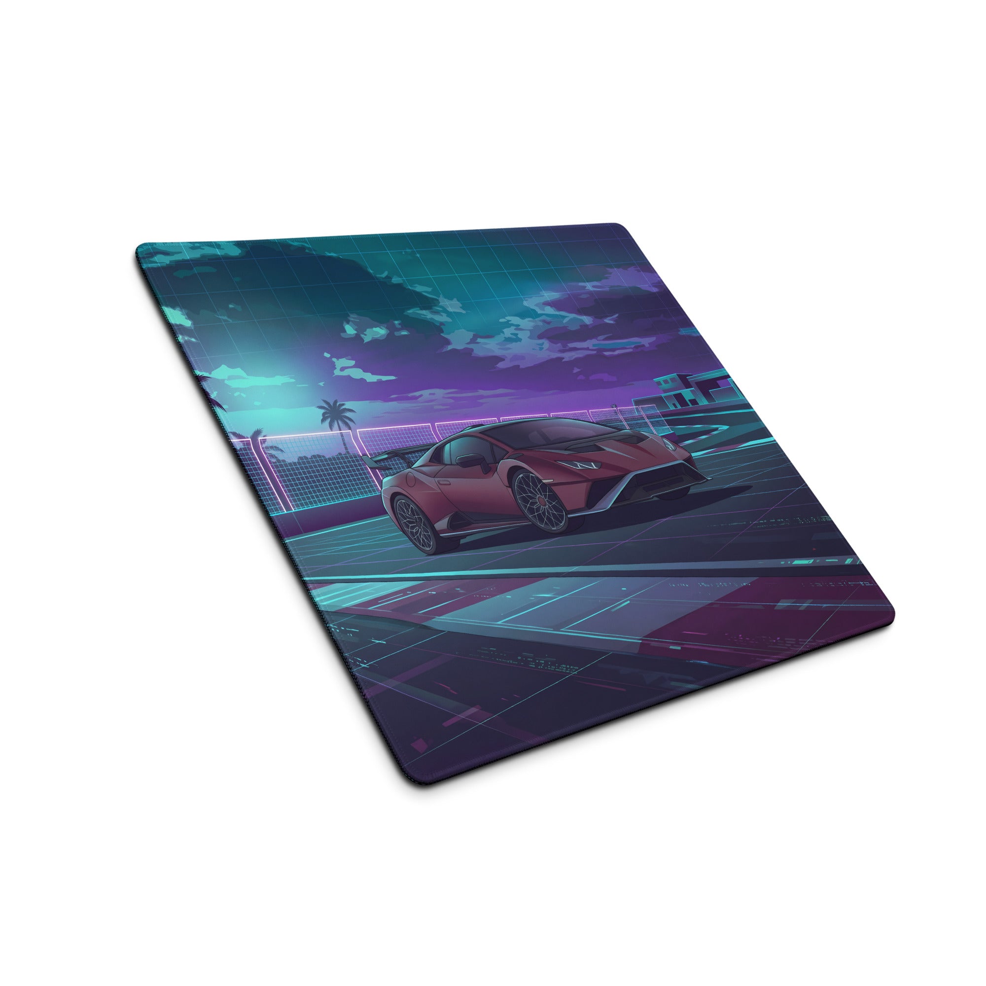 Lamborghini Huracán STO Inspired Red Purple Vaporwave Gaming Mouse Pad – Neon Futuristic Racetrack Desk Mat with Synthwave Palm Trees and Cyberpunk Art
