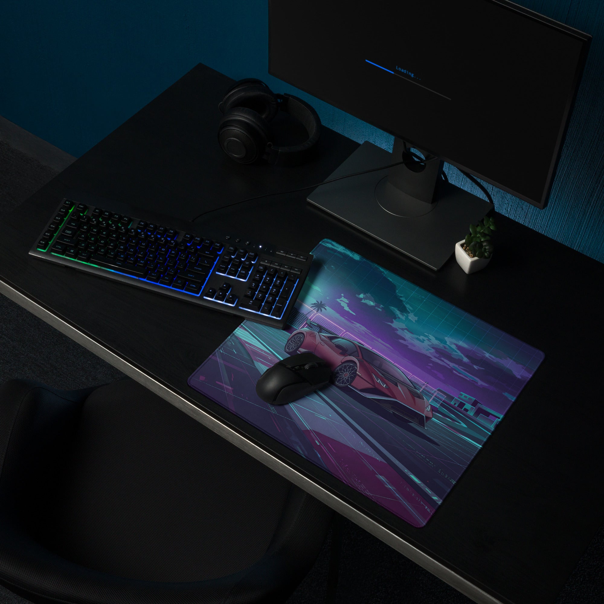 Lamborghini Huracán STO Inspired Red Purple Vaporwave Gaming Mouse Pad – Neon Futuristic Racetrack Desk Mat with Synthwave Palm Trees and Cyberpunk Art