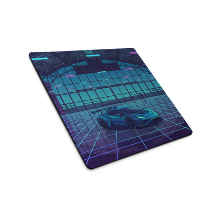 Lamborghini Huracán STO Inspired Teal Blue Vaporwave Gaming Mouse Pad – Neon Futuristic Hangar Desk Mat with Cyberpunk Grid and Synthwave Racing Art
