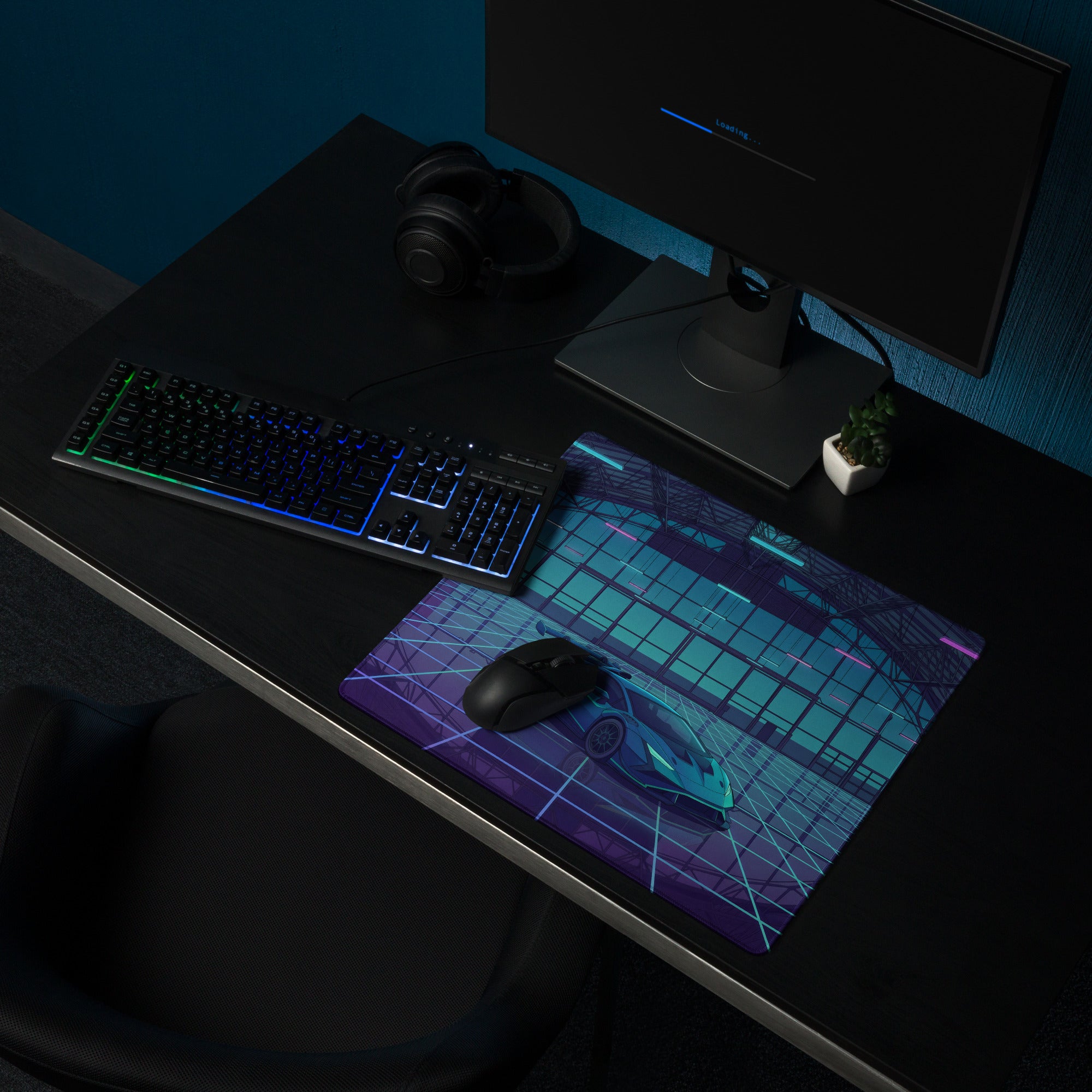 Lamborghini Huracán STO Inspired Teal Blue Vaporwave Gaming Mouse Pad – Neon Futuristic Hangar Desk Mat with Cyberpunk Grid and Synthwave Racing Art