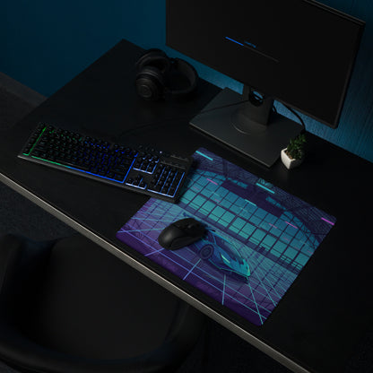 Lamborghini Huracán STO Inspired Teal Blue Vaporwave Gaming Mouse Pad – Neon Futuristic Hangar Desk Mat with Cyberpunk Grid and Synthwave Racing Art
