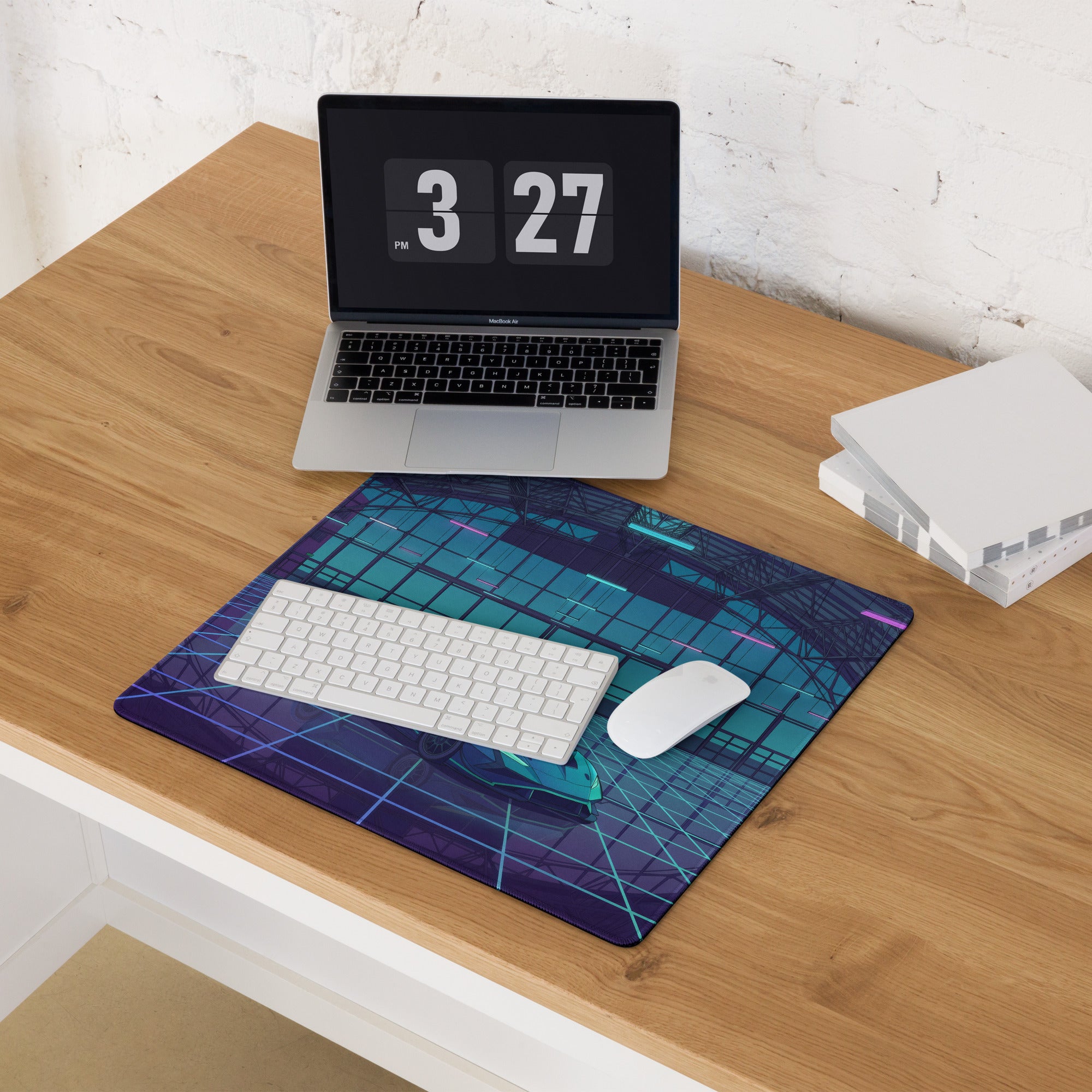Lamborghini Huracán STO Inspired Teal Blue Vaporwave Gaming Mouse Pad – Neon Futuristic Hangar Desk Mat with Cyberpunk Grid and Synthwave Racing Art