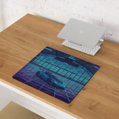 Lamborghini Huracán STO Inspired Teal Blue Vaporwave Gaming Mouse Pad – Neon Futuristic Hangar Desk Mat with Cyberpunk Grid and Synthwave Racing Art