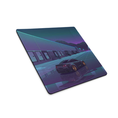 Nissan GT-R R35 Inspired Black Gold Vaporwave Gaming Mouse Pad – Neon Purple Industrial Warehouse Desk Mat with Synthwave Moon and JDM Street Art