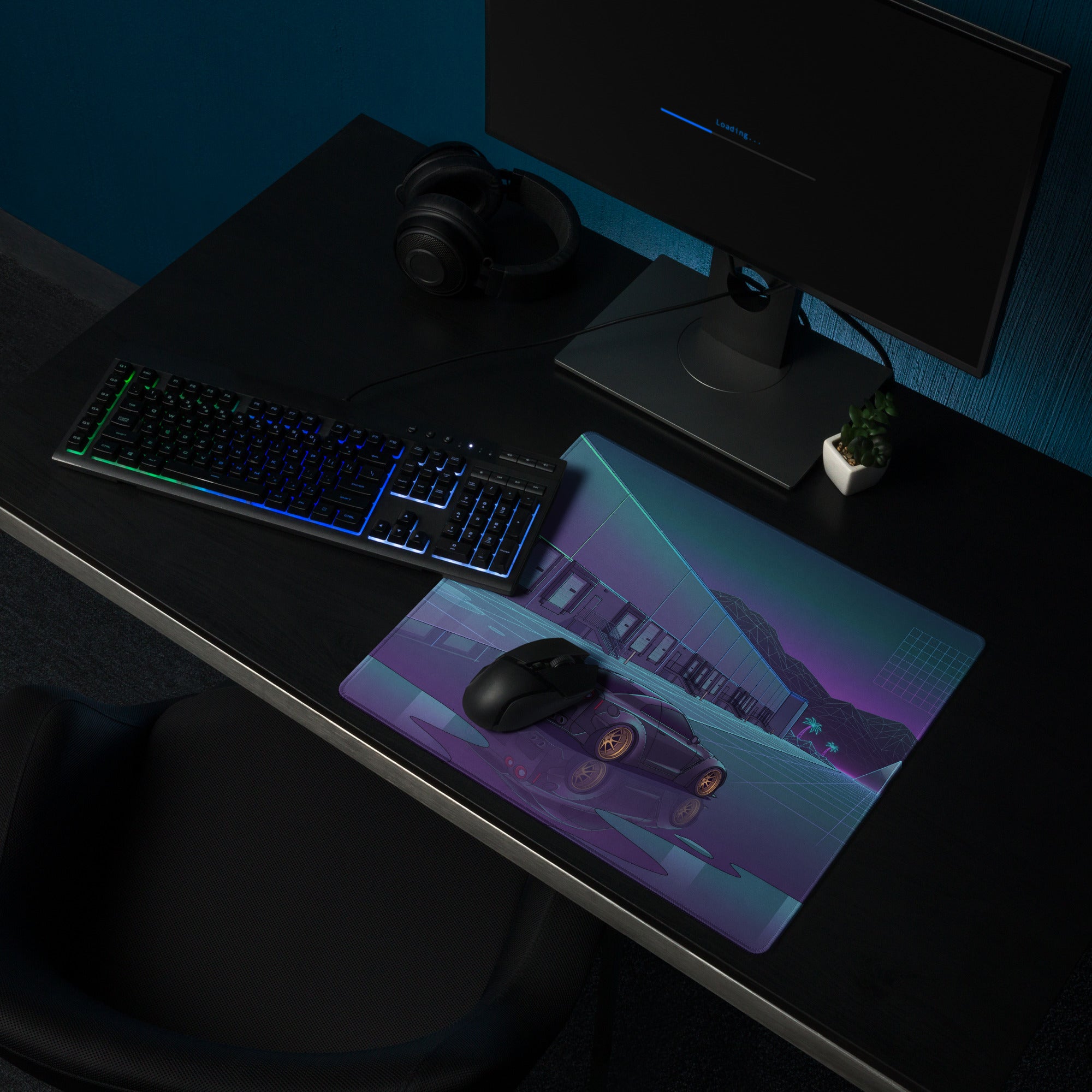 Nissan GT-R R35 Inspired Black Gold Vaporwave Gaming Mouse Pad – Neon Purple Industrial Warehouse Desk Mat with Synthwave Moon and JDM Street Art
