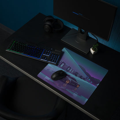 Nissan GT-R R35 Inspired Black Gold Vaporwave Gaming Mouse Pad – Neon Purple Industrial Warehouse Desk Mat with Synthwave Moon and JDM Street Art